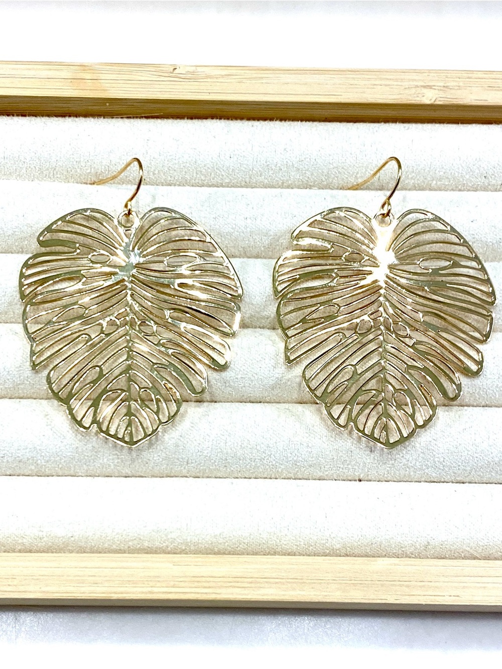 Gold Monstera Palm Leaf Filigree Dangle Earrings Tropical Botanical Drop